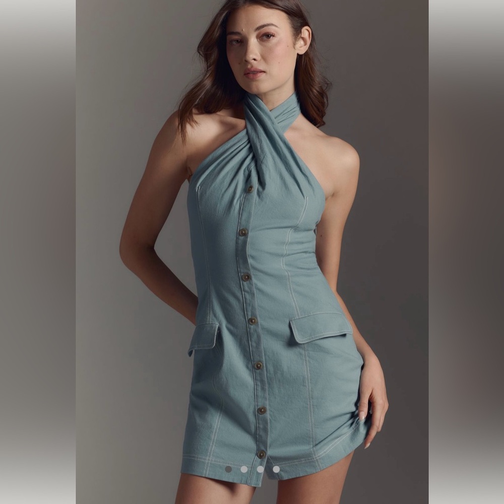 Anthropologie X Maeve Twist Halter Linen Blend Blue Mini Dress